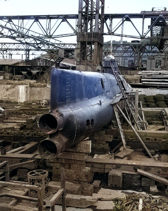 Koryu Type D submarine at the Yokosuka Naval Base, Japan, 8 Sep 1945, photo 1 of 3 [Colorized by WW2DB]