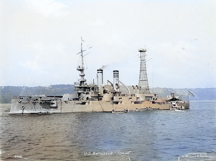 USS Idaho in the Hudson River off Fort Lee, New Jersey, United States, 1909 [Colorized by WW2DB]
