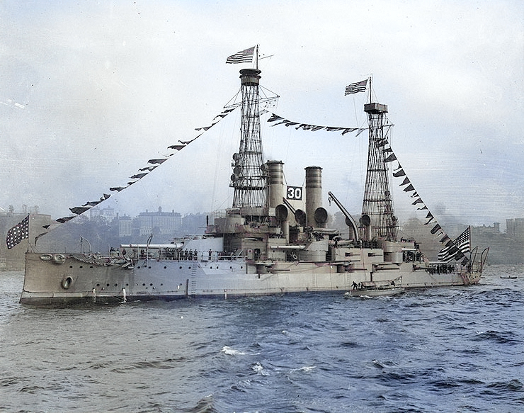 USS Idaho dressed with flags during the Naval Review off New York, New York, United States, Oct 1912 [Colorized by WW2DB]