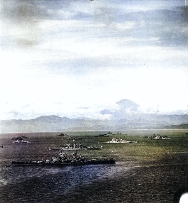 Battleships Missouri, Duke of York, King George V, and Colorado in Sagami Bay, Japan, 28 Aug 1945; note Mount Fuji in background [Colorized by WW2DB]