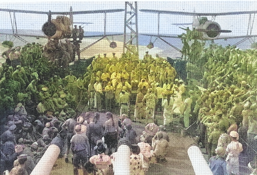 Line crossing ceremony aboard light cruiser USS Montpelier, circa 30 Dec 1942; note SOC-1 aircraft in background [Colorized by WW2DB]