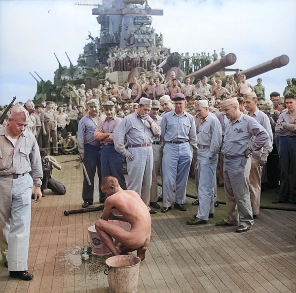 Public humiliation of Japanese prisoners of war aboard USS New Jersey, Dec 1944, photo 6 of 6 [Colorized by WW2DB]