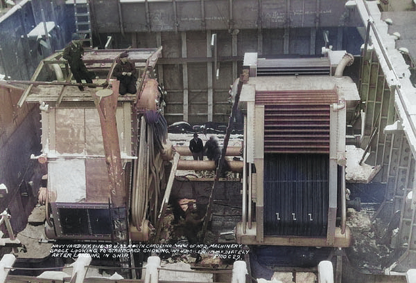 View of North Carolina's No. 2 Machinery Space during the ship's construction, New York Navy Yard, Brooklyn, New York, United States, 16 Jan 1939 [Colorized by WW2DB]