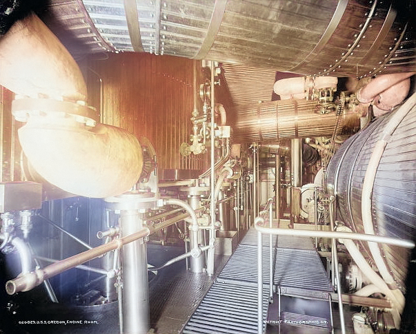 Engine room aboard USS Oregon, circa 1898 [Colorized by WW2DB]