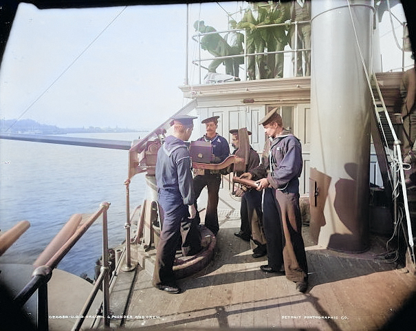 6-pounder gun and crew aboard USS Oregon, circa 1898 [Colorized by WW2DB]