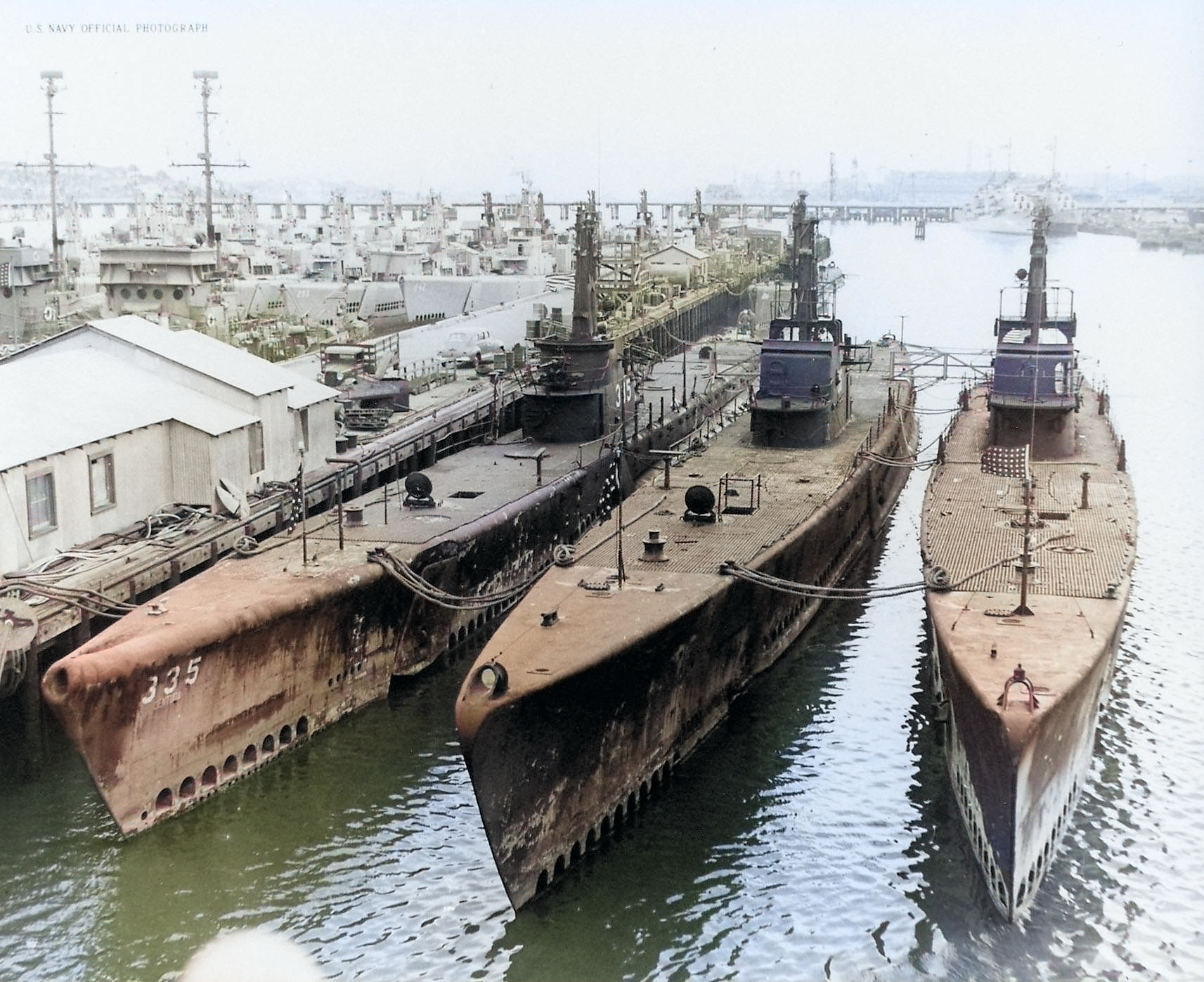 USS Dentuda, USS Searaven, and USS Tuna in foreground, with USS Parche, USS Bluegill, and USS Hackleback also present, at Mare Island Naval Shipyard, Vallejo, California, United States, 17 Oct 1946 [Colorized by WW2DB]