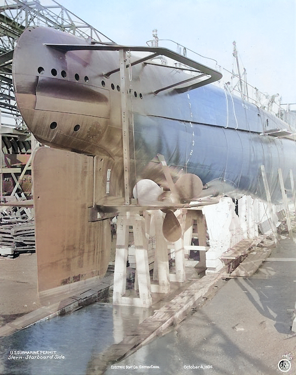 View of submarine Permit's stern, Groton, Connecticut, United States, 4 Oct 1936 [Colorized by WW2DB]