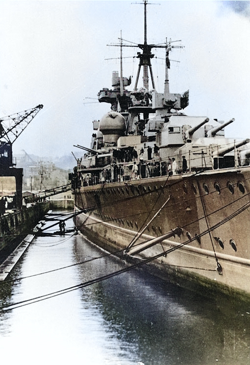 German cruiser Prinz Eugen preparing to depart Kiel, Germany, circa early 1941 [Colorized by WW2DB]