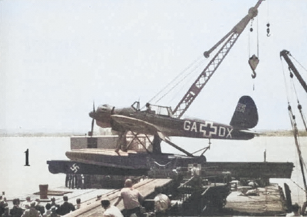 US-captured German Ar 196A-5 seaplane being launched from a catapult removed from cruiser Prinz Eugen, Naval Air Materiel Center, Philadelphia, Pennsylvania, United States, 1947 [Colorized by WW2DB]