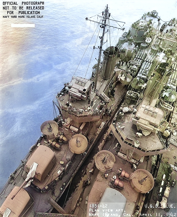 Blue (outboard) and Ralph Talbot (inboard) at the Mare Island Navy Yard, California, United States, 11 Apr 1942, photo 2 of 2 [Colorized by WW2DB]