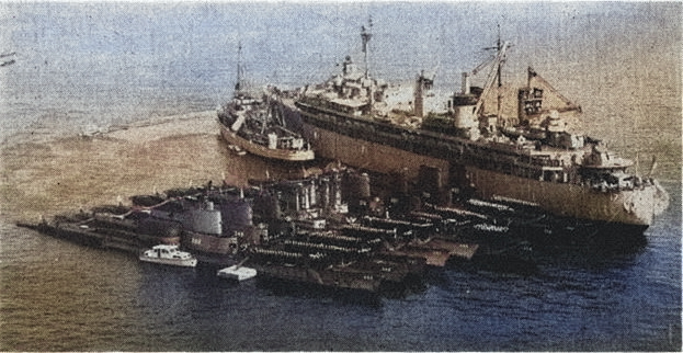 Submarine tender Nereus and Submarine Rescue Vessel Florikan with submarines Tunny, Cusk, Carbonero, Tilefish, Spinax, Rock, Remora, Catfish, and Volador, San Diego, California, US, date unknown [Colorized by WW2DB]