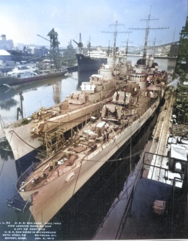 USS San Diego and USS San Juan, Fore River shipyard, Quincy, Massachusetts, United States, Jan 1942 [Colorized by WW2DB]