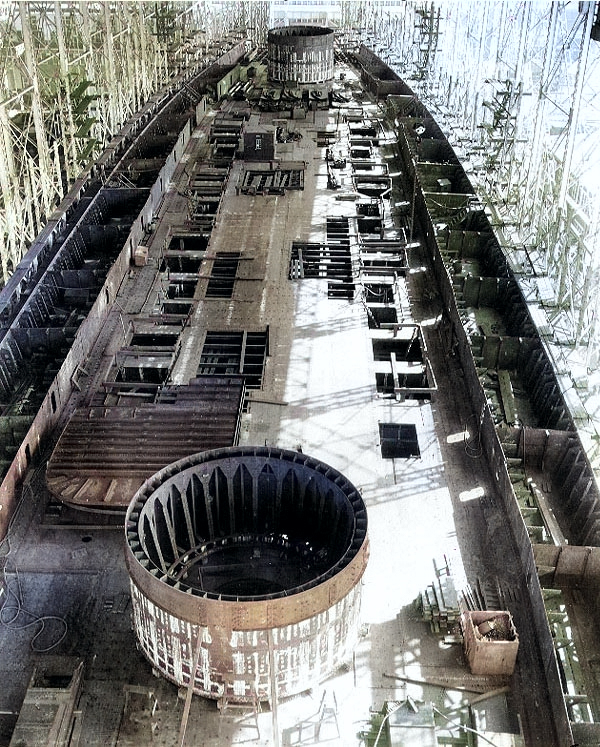 Saratoga's incomplete hull at New York Shipbuilding Company shipyard, Camden, New Jersey, United States, 8 Mar 1922, photo 3 of 3 [Colorized by WW2DB]