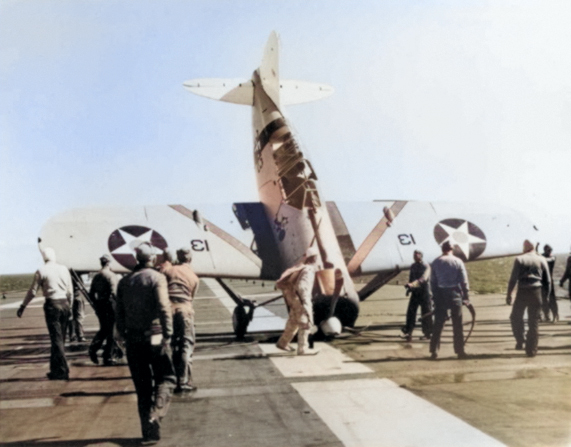 Result of Lieutenant Jimmy Thach's landing accident aboard USS Saratoga, 19 Mar 1940 [Colorized by WW2DB]