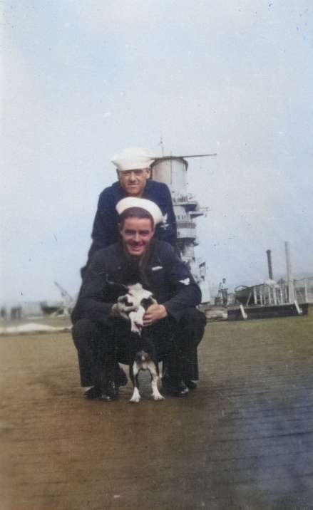 Sailors of USS Saratoga with the ship's canine mascot, 1927-1928 [Colorized by WW2DB]