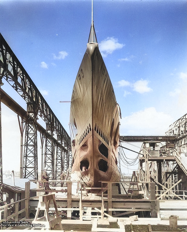 Shark nearly ready for launching at the Electric Boat Company shipyard, Groton, Connecticut, United States, 20 May 1935 [Colorized by WW2DB]