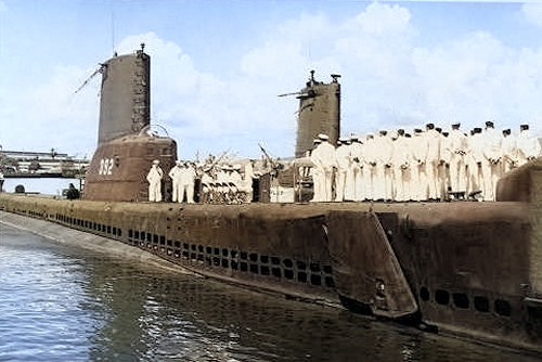 USS Sterlet with her crew topside, circa mid-1950s [Colorized by WW2DB]