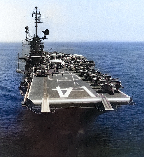 Carrier Ticonderoga underway off San Diego, California, United States after departing Naval Air Station, North Island for Vietnam, 17 May 1972 [Colorized by WW2DB]