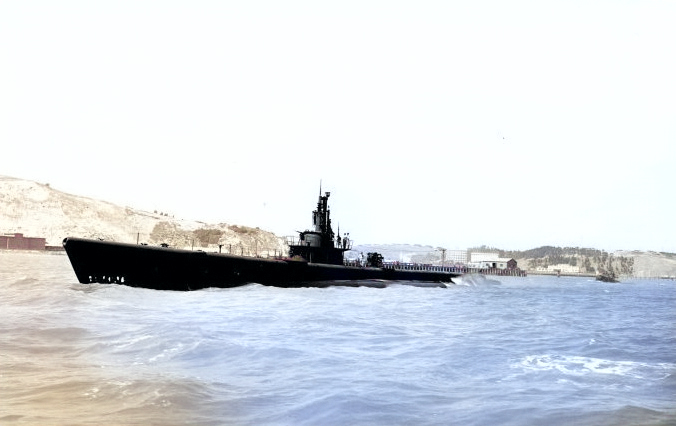 USS Trepang underway off Mare Island Naval Shipyard, California, United States, 12 Jul 1944, photo 4 of 4 [Colorized by WW2DB]