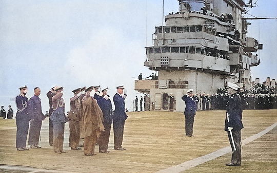 Chiang Kaishek aboard USS Wasp, off Taiwan, 10 Jan 1954 [Colorized by WW2DB]