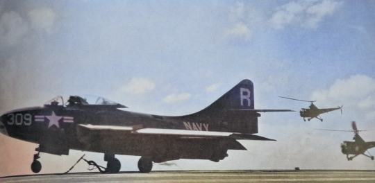 Air show held aboard USS Wasp in honor of Chiang Kaishek, off Taiwan, 10 Jan 1954, photo 1 of 4 [Colorized by WW2DB]