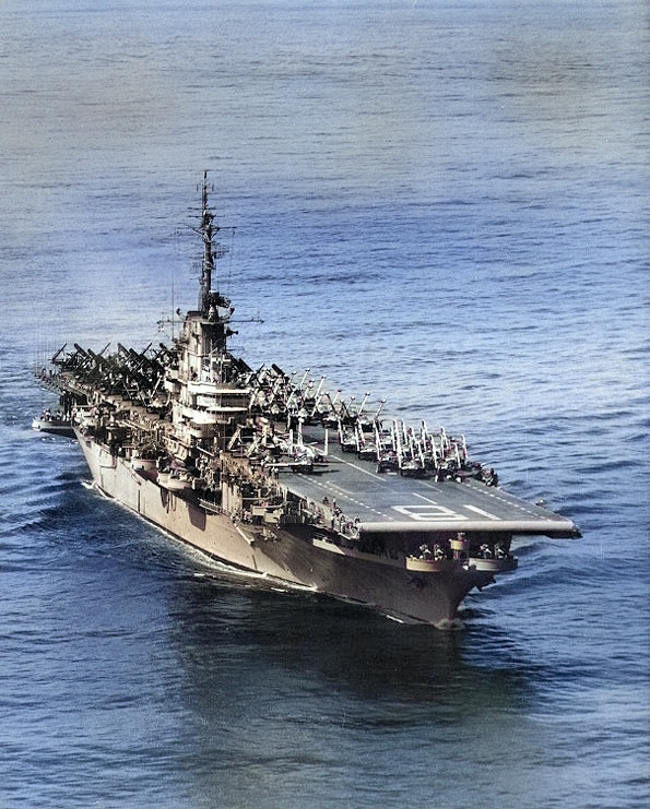 USS Wasp underway off Taiwan, 5 Jan 1955 [Colorized by WW2DB]