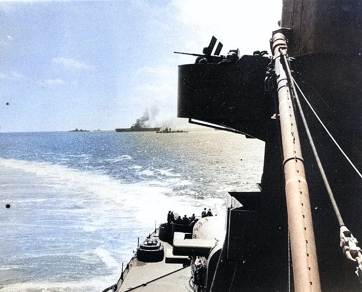 Pensacola observed as disabled Yorktown was surrounded by escorts, just after noon, 4 Jun 1942, photo 2 of 2 [Colorized by WW2DB]
