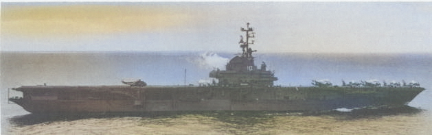 USS Yorktown, 1968; note S-2 Tracker and E-1 Tracer aircraft and SH-3 Sea King helicopters on board [Colorized by WW2DB]