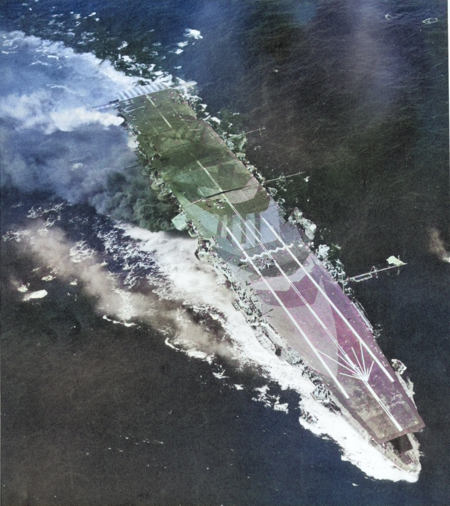 Carrier Zuiho damaged during Battle off Cape Engaño, 25 Oct 1944; note battleship camouflage; as seen on page 68 of US Navy War Photographs [Colorized by WW2DB]