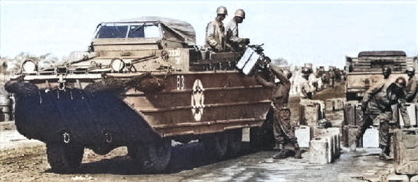 DUKW of US 7th Army being loaded with gasoline jerrycans for a quick transfer across the Rhine, circa Apr 1945 [Colorized by WW2DB]