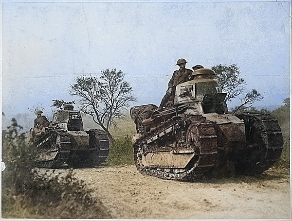 American troops with FT-17 light tanks moving toward the Argonne Forest, France, 26 Sep 1918 [Colorized by WW2DB]