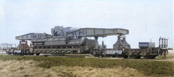 Karl-Gerät self-propelled howitzer aboard a train, circa 1945 [Colorized by WW2DB]