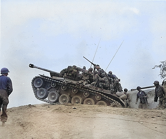 Soldiers of US 9th Infantry Regiment on a M26 Pershing tank, near the Nakdong River, Korea, 3 Sep 1950 [Colorized by WW2DB]