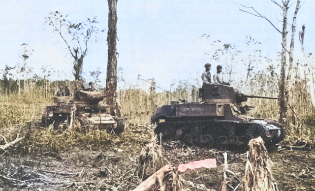 M3 light tanks of US 9th Marine Defense Battalion near the base of Bibilo Hill, Munda, New Georgia, Aug 1943 [Colorized by WW2DB]