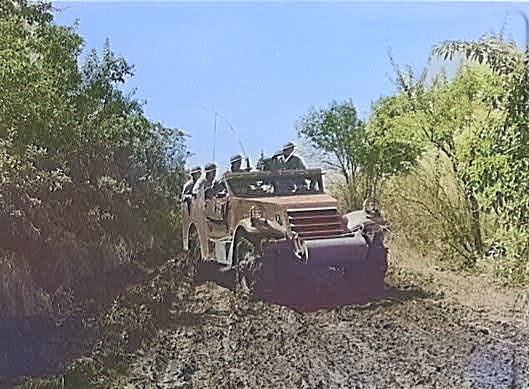 M3A1 Scout Car in exercise, Fort Riley, Kansas, United States, date unknown, photo 4 of 4 [Colorized by WW2DB]