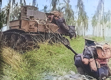 Australian troops and M3 General Stuart light tank fighting near Buna, New Guinea, Jan 1943 [Colorized by WW2DB]