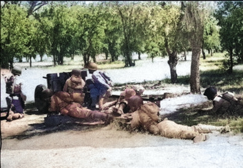 Anti-tank company of 1st Filipino Infantry Regiment in exercise with 37 mm Gun M3, 1943, photo 3 of 5 [Colorized by WW2DB]