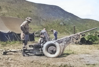 General Frank E. Lowe inspecting a captured Soviet M-42 anti-tank gun near Miryang, Korea, 6 Sep 1950 [Colorized by WW2DB]