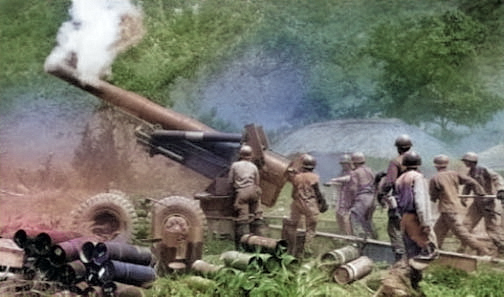 US M115 howitzer firing on Chinese positions in Korea, 10 Jun 1951 [Colorized by WW2DB]