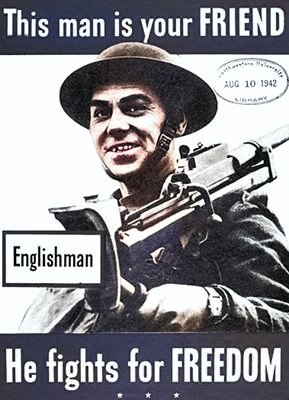 American propaganda poster noting the typical look of a friendly British soldier, 10 Aug 1942; note Boys anti-tank rifle [Colorized by WW2DB]