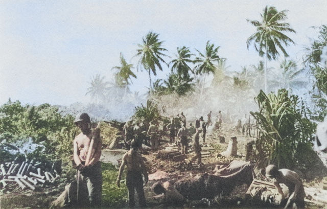 M2 Howitzers in action at Kwajalein, Marshall Islands, circa late Jan or early Feb 1944 [Colorized by WW2DB]