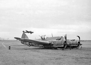 Crash-landed Beaufighter TF Mk X aircraft of No. 144 Squadron at RAF Dallachy, Elgin, Scotland, United Kingdom, 9 Feb 1945