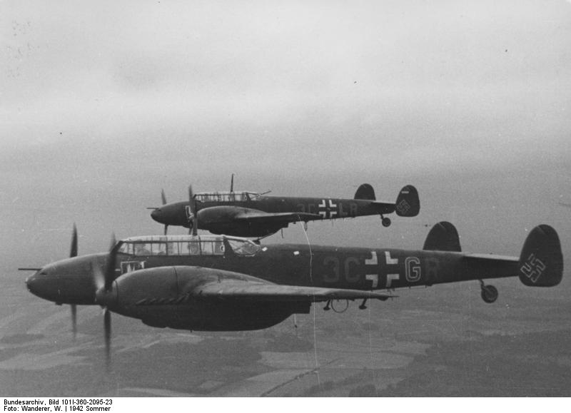 Bf 110 aircraft of German Night Fighter Squadron 4 in flight, France, summer 1942