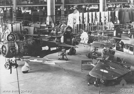 Boomerang fighters under construction at Commonwealth Aircraft Corporation factory, Fishermen's Bend, Victoria, Australia, circa 1945