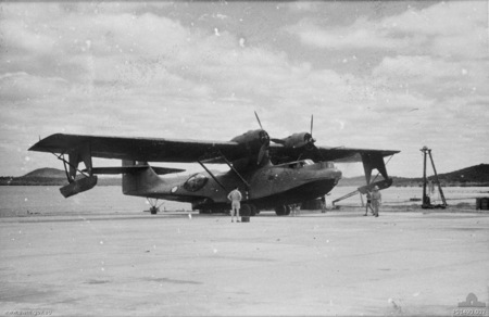 Australian Catalina aircraft being serviced by No. 1 Flying Boat Maintenance Unit RAAF in Bowen, Queensland, Australia, early 1943