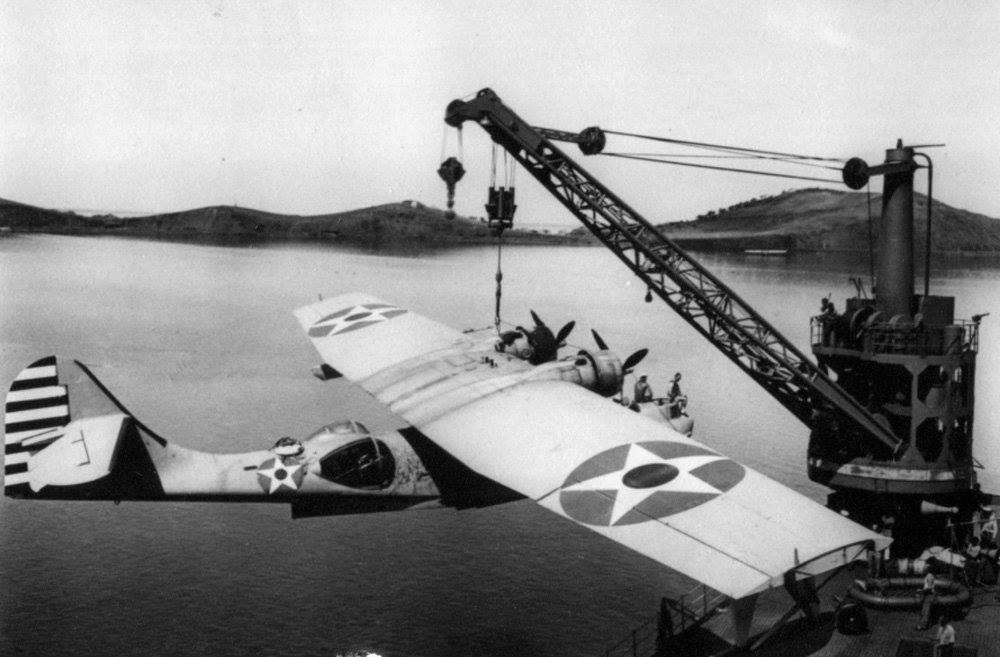 PBY-5 aircraft being hoisted onto USS Tangier, 6 May 1942