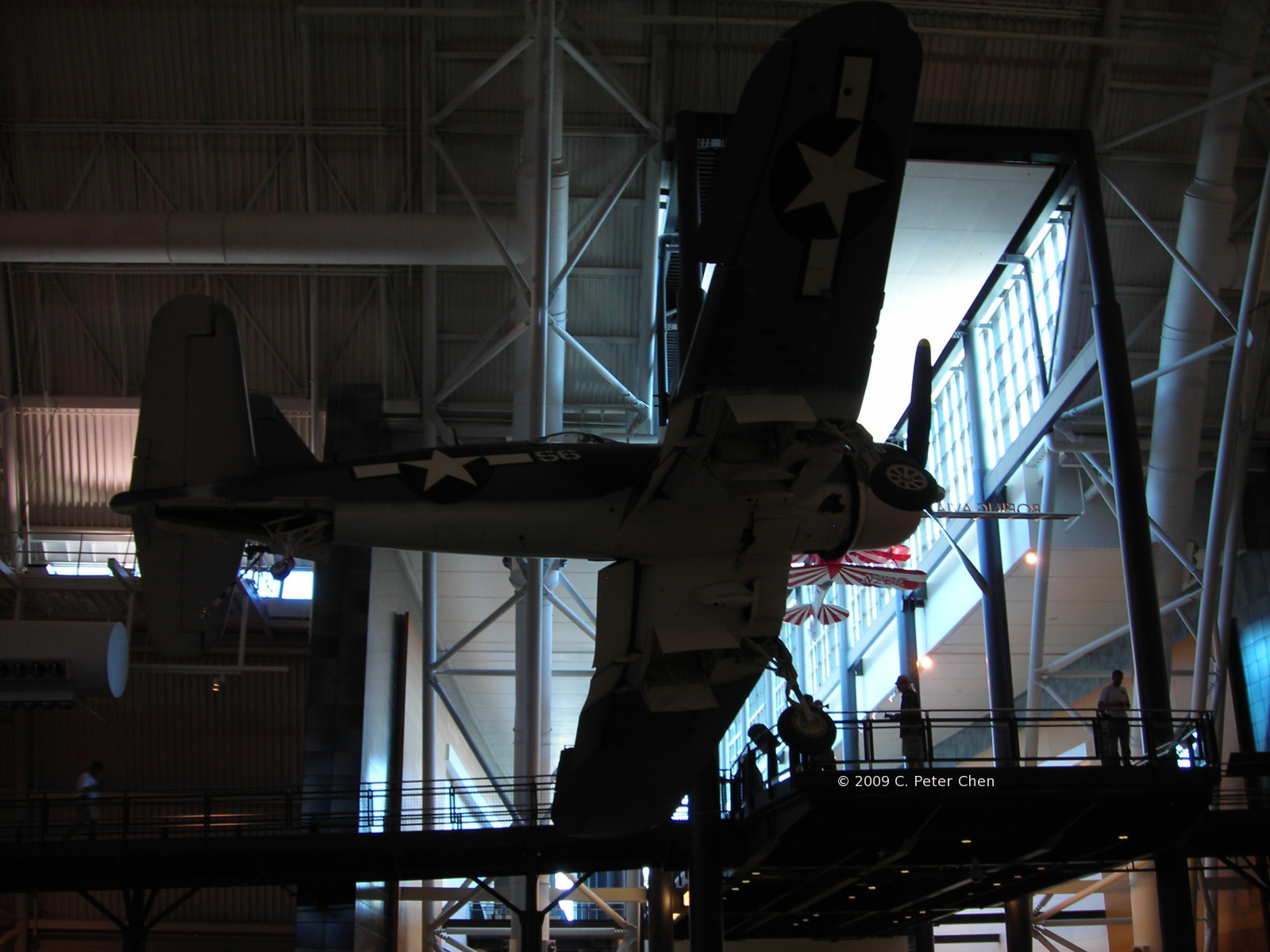 Underside of F4U Corsair fighter on display at the Smithsonian Air and Space Museum Udvar-Hazy Center, Chantilly, Virginia, United States, 26 Apr 2009