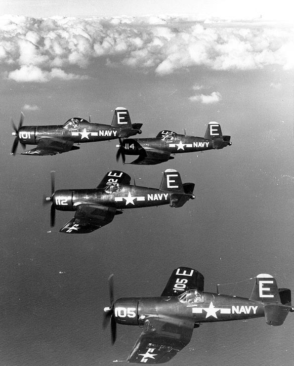 F4U-4 Corsair fighters of US Navy squadron VF-671 in flight over the Mediterranean Sea, 15 Dec 1951