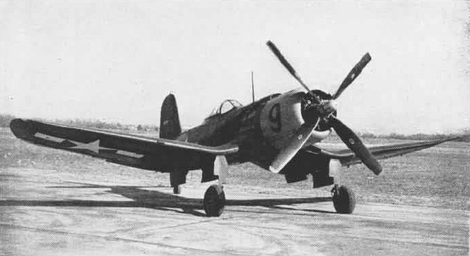 F2G-1 Corsair aircraft at rest, 1945; seen in Nov 1945 issue of US Navy publication Naval Aviation News