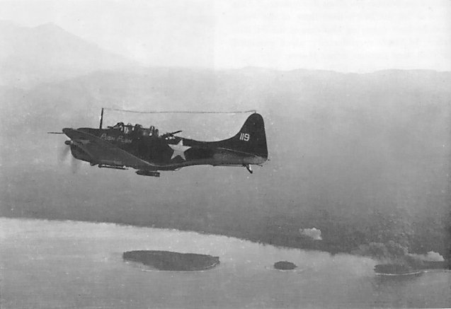 SBD Dauntless dive bomber of US Marine Corps VMSB-144 squadron flying near Cape Torokina and Empress Augusta Bay, Bougainville, Solomon Islands, 1 Nov 1943